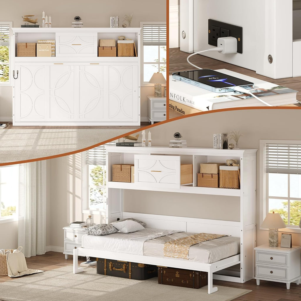 Farmhouse Wood Murphy Bed Chest with Charging Station & Drawer, Storage Wall Bed with Wood Slat Support/Space Saving