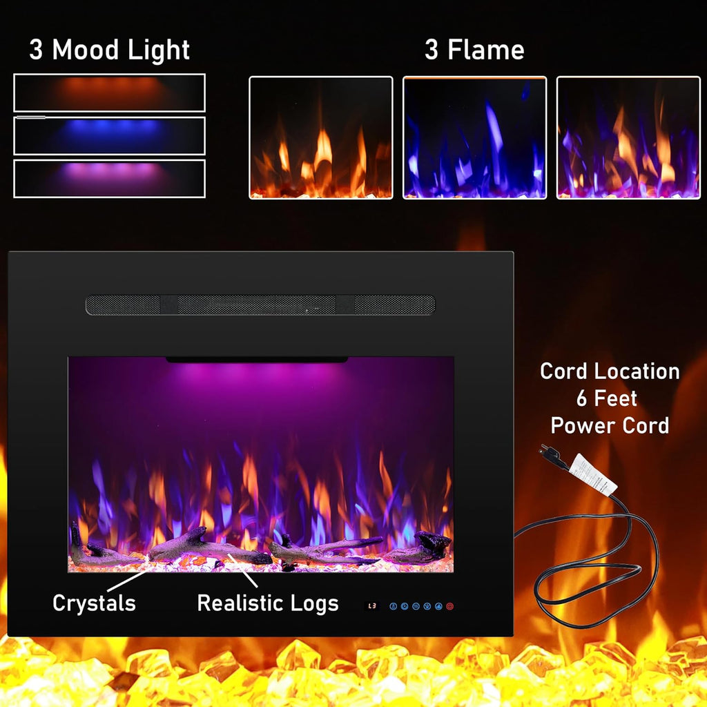 27.1" W Rear Electric Fireplace Inserts with Thermostat, Recessed Fireplace Heater with 3 Flame & Top Light Color