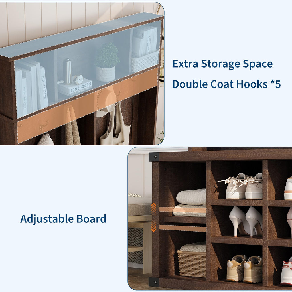 51.2" Hall Tree with Bench and Shoe Storage, Rustic Brown
