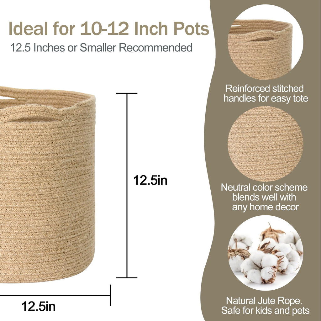 Woven Jute Plant Basket, Wicker Basket Planter for 11 inch Pot, Round Indoor Tree Pot Cover, Small Boho Storage Bin