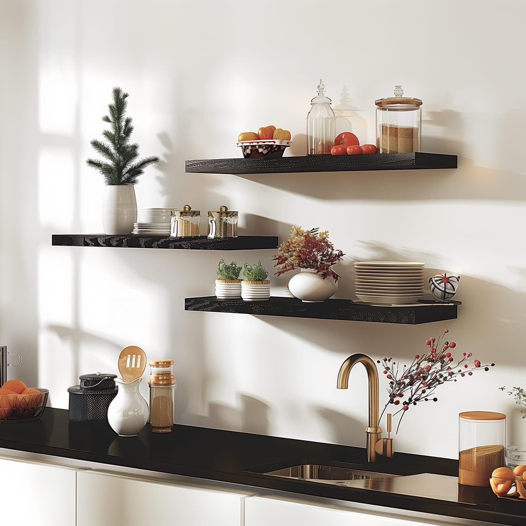 24 Inch Black Wood Floating Shelves for Wall Rustic Wall Shelf Living Room Set of 4