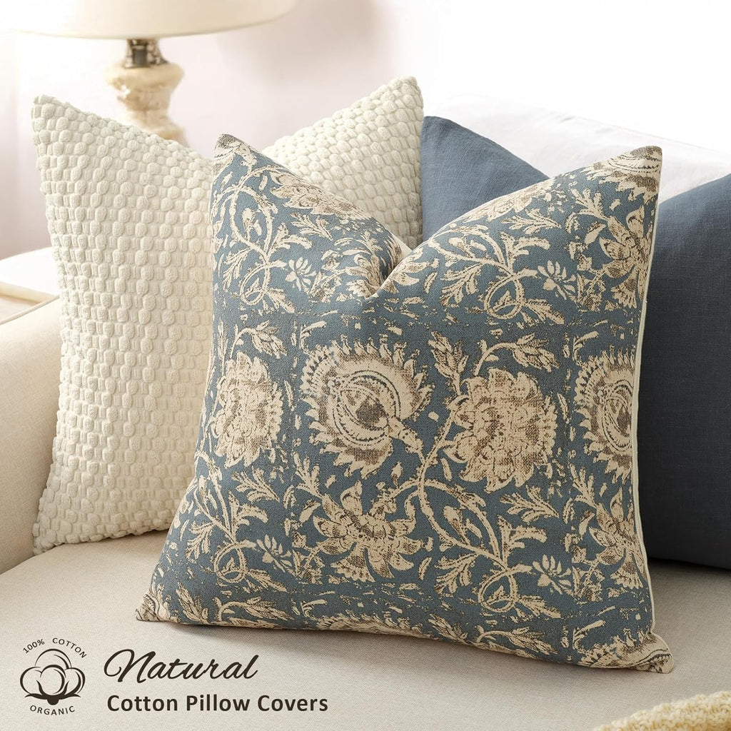 Vintage Floral Print Throw Pillow Covers 18x18 Set of 2 Neutral Modern Farmhouse Pillowcase Accent Decorative Cushion