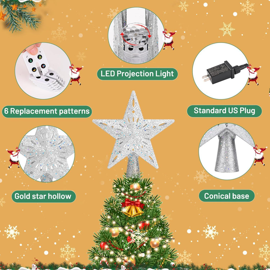 Christmas Tree Topper Lighted with 6 Projection Modes, Christmas Star Tree Topper Built-in LED Rotating Lights