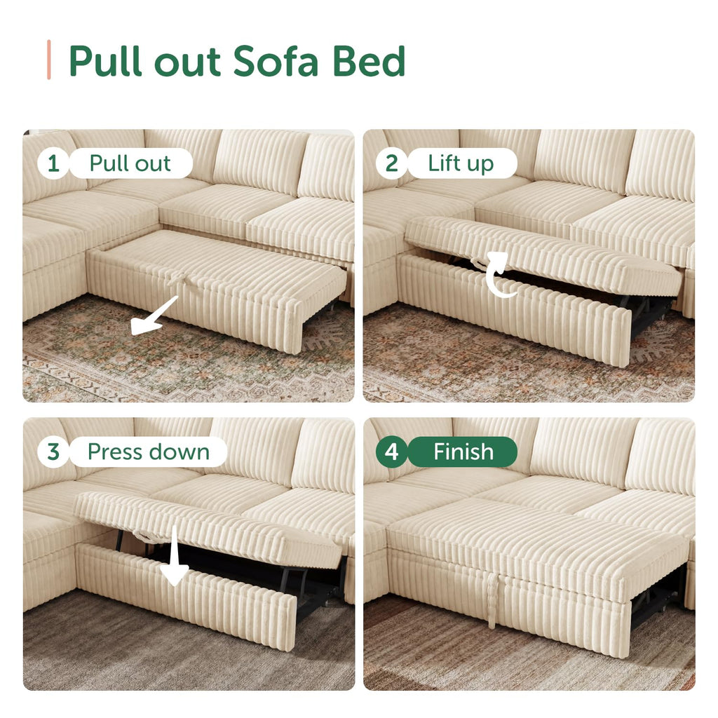 Oversized Corduroy Sleeper Sectional Sofa with Pull Out Bed, Beige