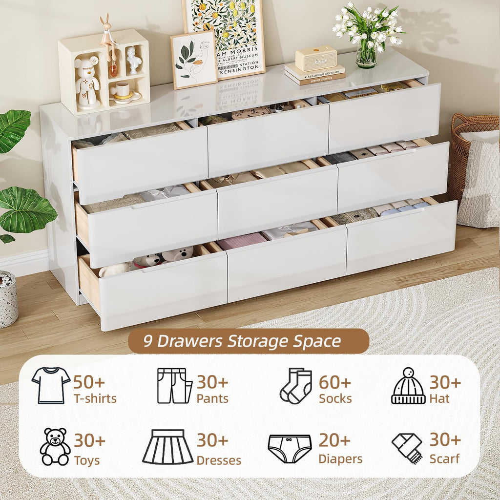 High Gloss, 60.2" Wide 9 Drawer, White