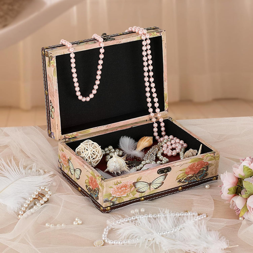 Butterfly Treasure Chest Box, Wooden + PU Leather Storage Decorative Box for Jewelry Trinkets Photos, Rectangular