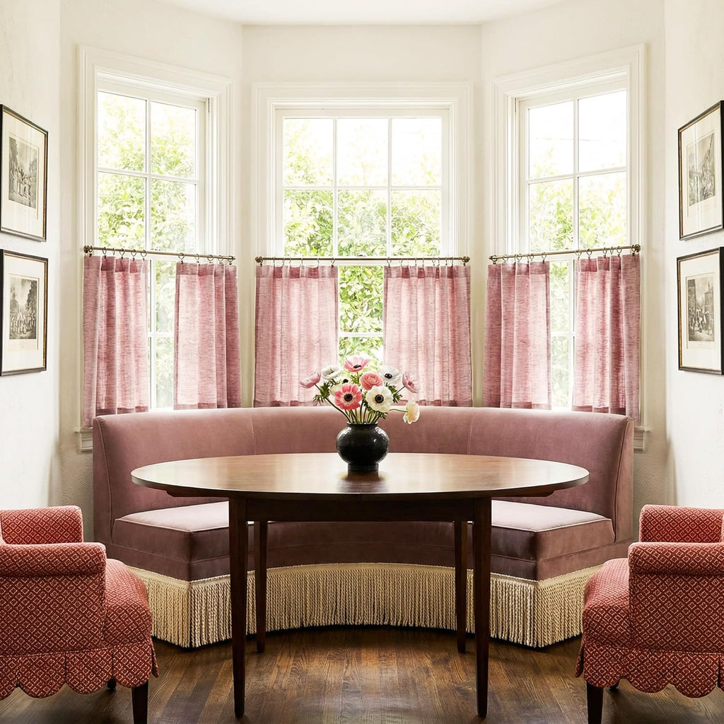 Pink Cafe Curtains for Girls Room, Rod Pocket & Back Tab Light Filtering Faux Linen Short Window Drapes Semi Sheer