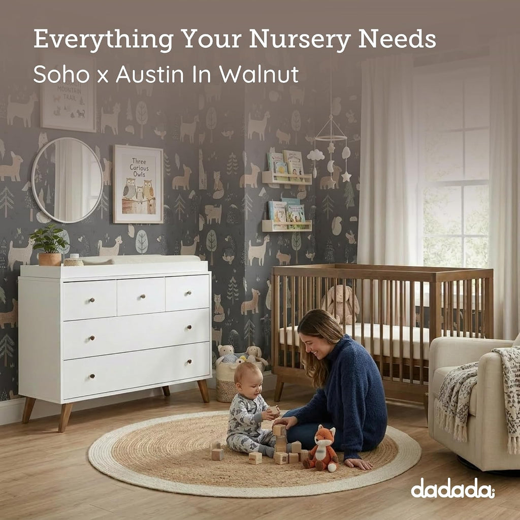 Harmony Crib & Dresser Set Nursery Furniture Combo, White/Walnut | Soho 3-in-1 Convertible, Beechwood, Made in Italy