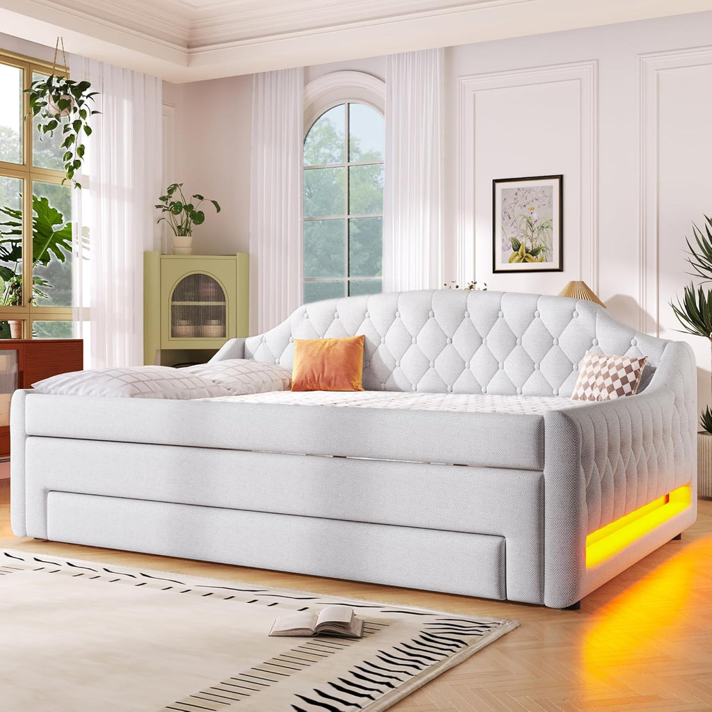 Upholstered Full Size Daybed with LED Lights, Trundle & 3 Drawers, Linen Sofa Bed for Guest Room & Small Spaces
