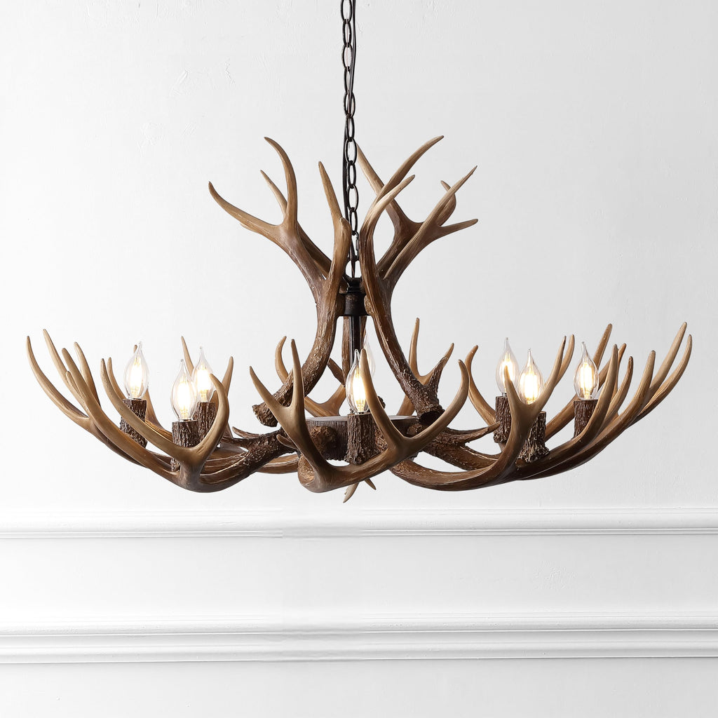 Rustic Faux Antler Chandelier - 8-Light Brown Resin Antler Chandelier for Cabin & Lodge, 36" Wide