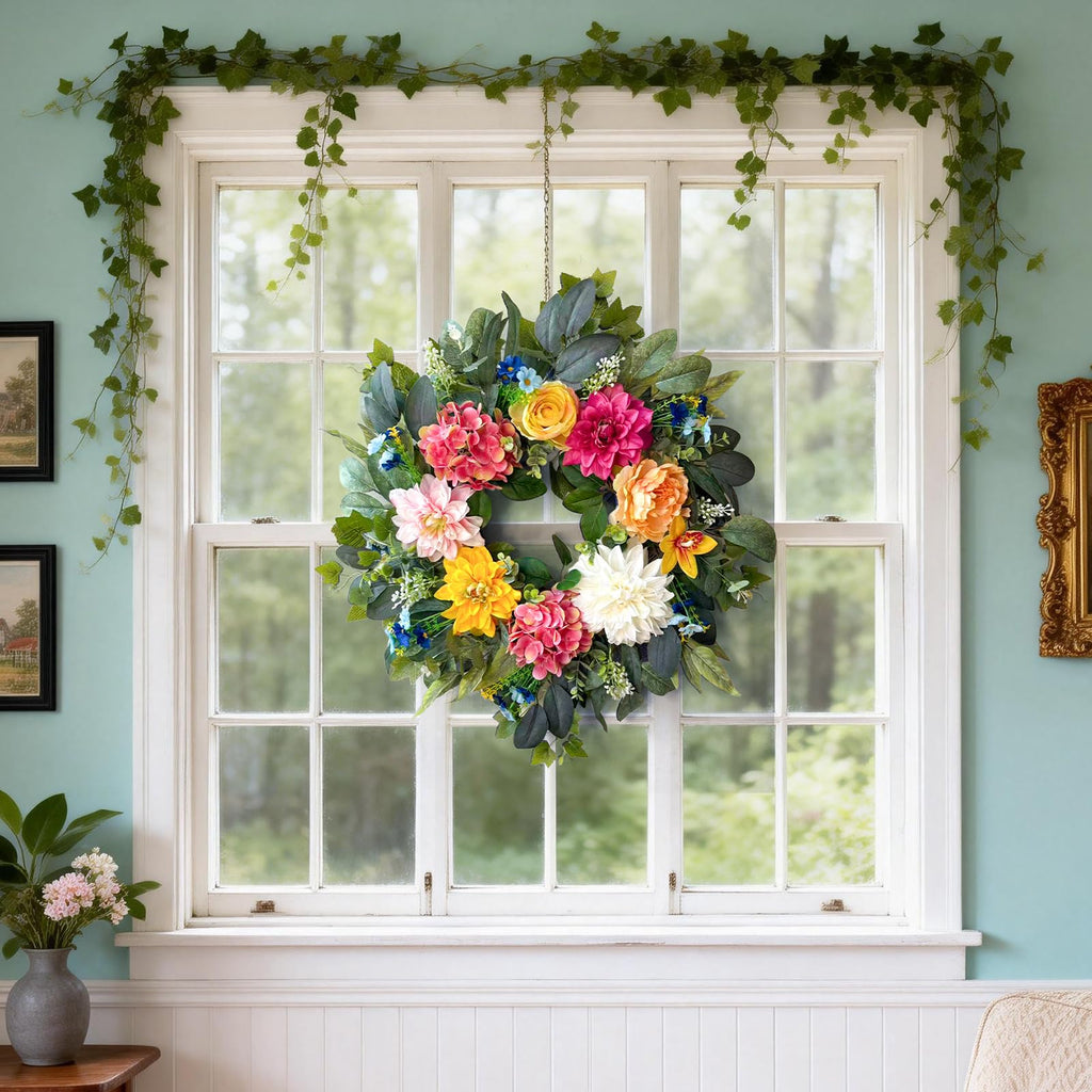 24 Inch Spring Wreaths for Front Door, Spring Wreaths, Spring Summer Door Wreaths with Yellow and Pink Dahlia Hydrangea
