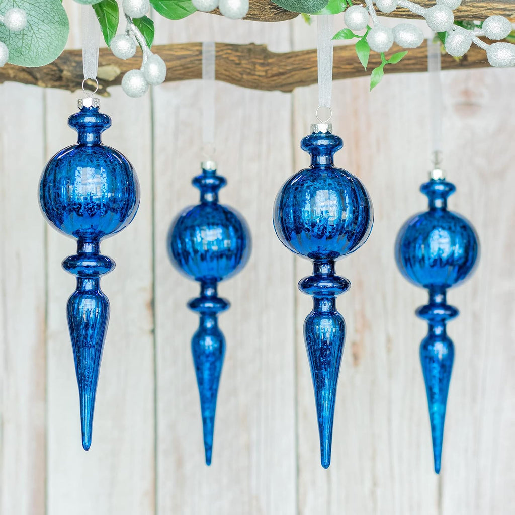 Finial Mercury Glass Christmas Ornaments Blue 4pcs 8-Inch Large Hanging Christmas Tree Decorations for Xmas Tree