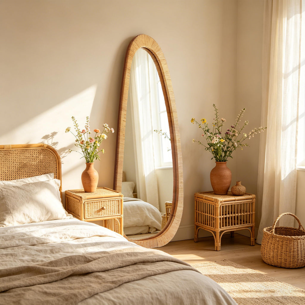Boho Long Rattan Mirror, 53" Full Length Irregular Mirror for Wall