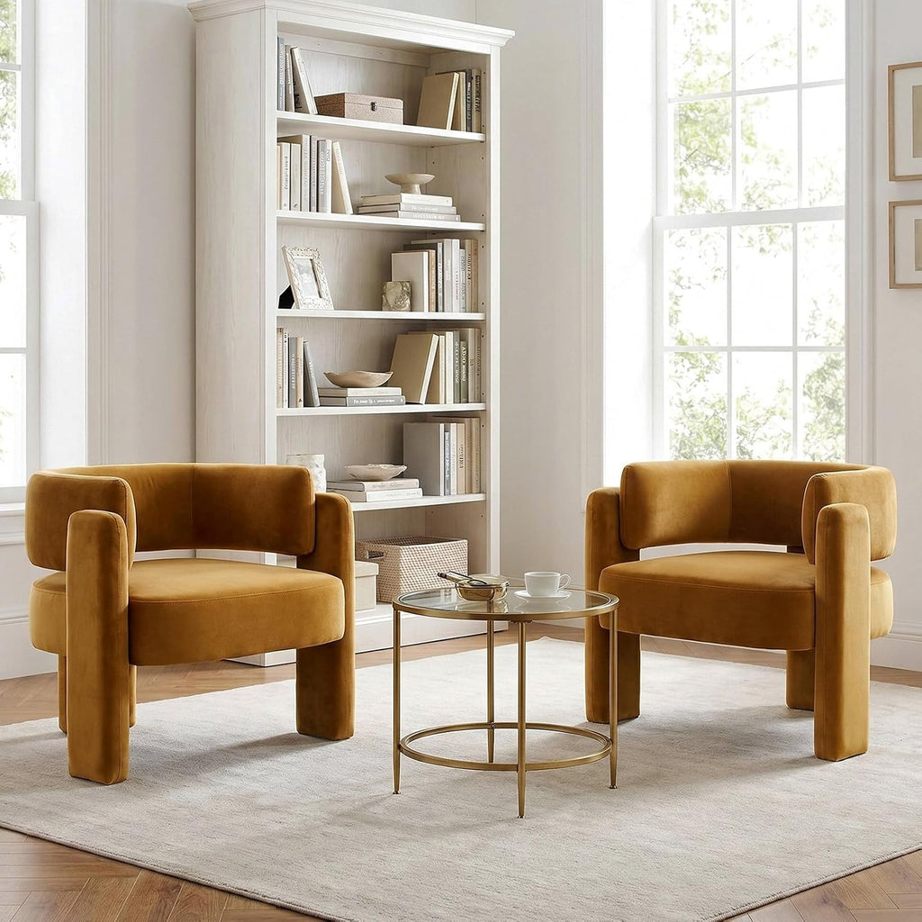 Modern Velvet Accent Chair, Comfy Upholstered Barrel Chairs (1, Khaki) | Accent Chairs with 3 Legs, Side Arm Chair