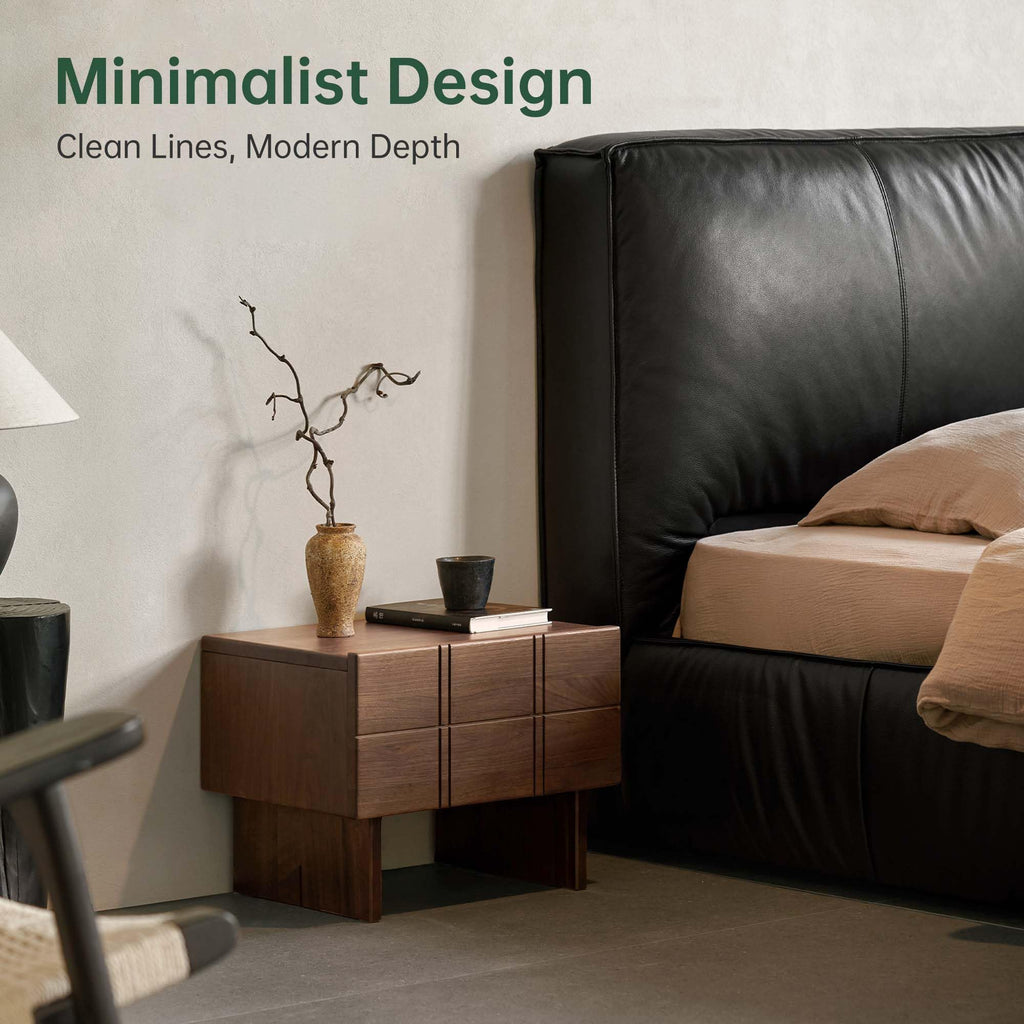 Solid Walnut Nightstand with Drawers, Mid Century Modern Nightstands, Low Profile Night Stand for Low Bed, Fluted