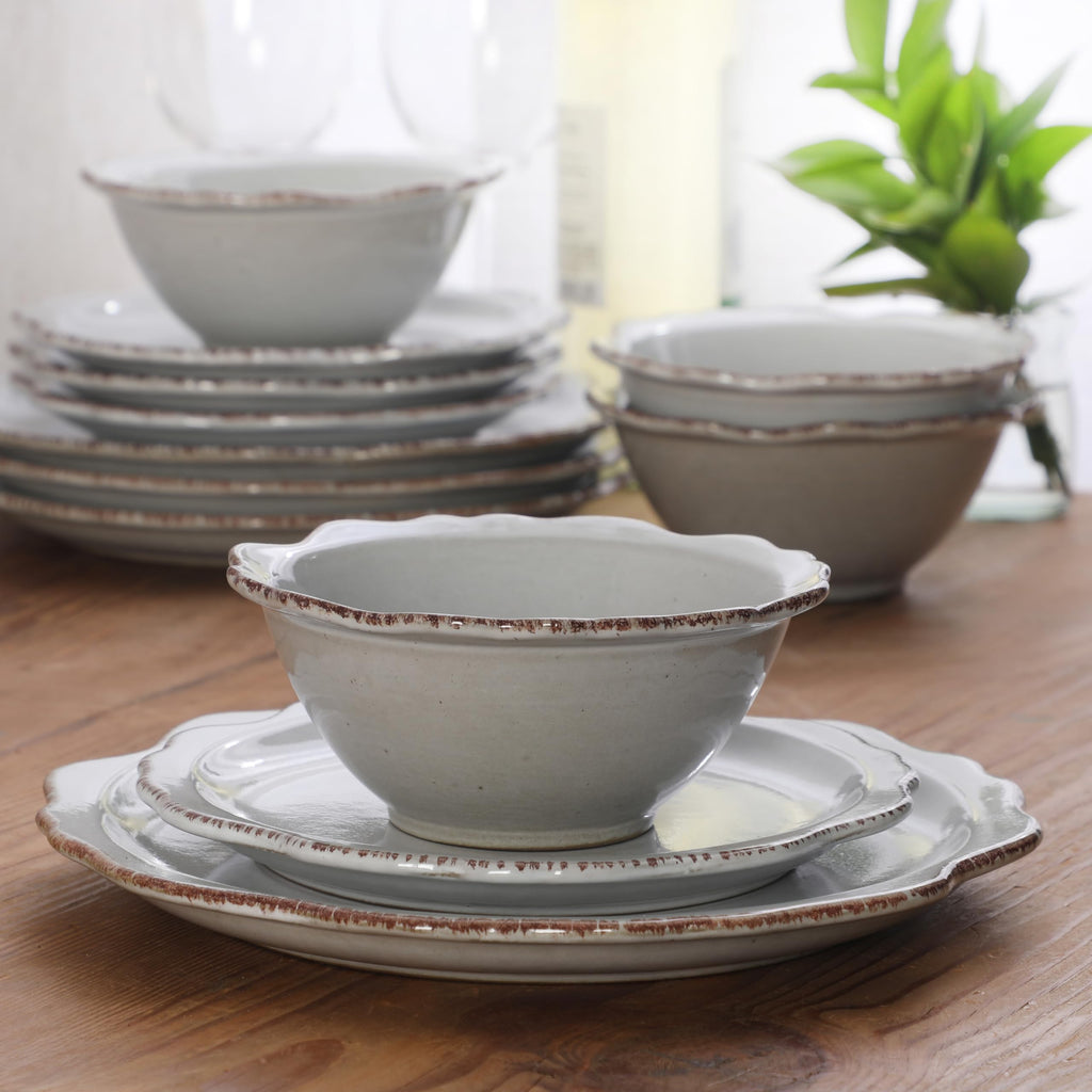 Kennon Road Plates and Bowls Set, 12-Piece Dinnerware Set, White Scalloped Stoneware Dishes, Dinner Plates