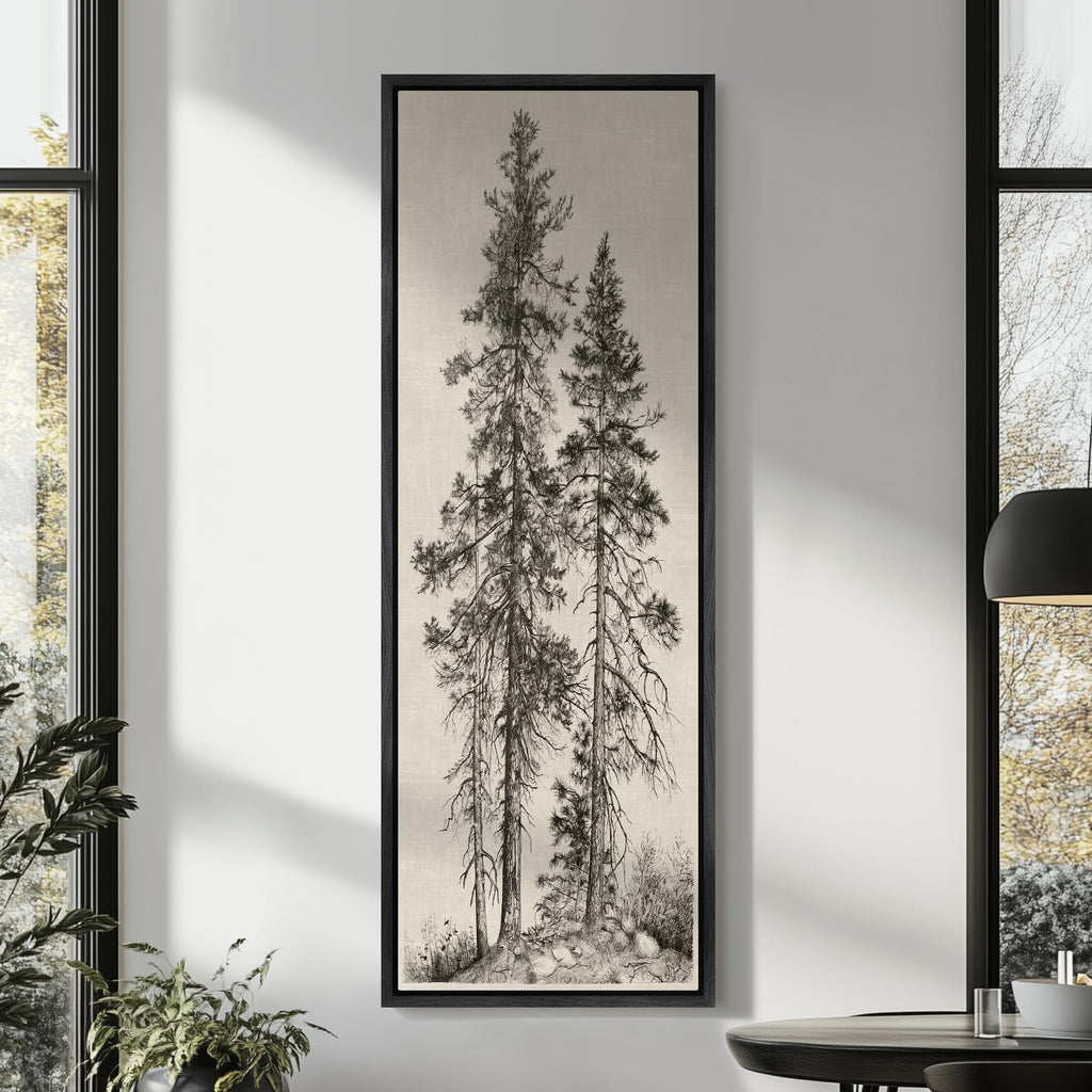Large Framed Canvas Hand-Drawn Pine Trees Monochrome Illustrations Modern Art Calm Warm - 60"x20"