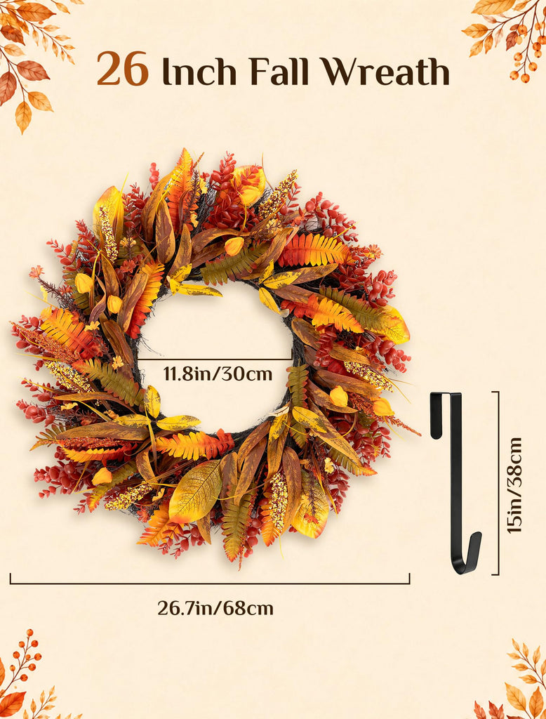 26" Fall Wreaths for Front Door: Autumn Eucalyptus Leaf Wreath