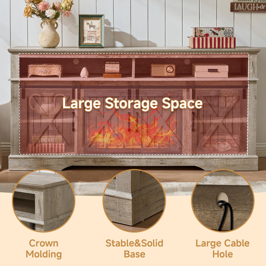 66 Inch Electric Fireplace TV Stand, Grey Farmhouse Media Console with Sliding Barn Doors, Entertainment Center with