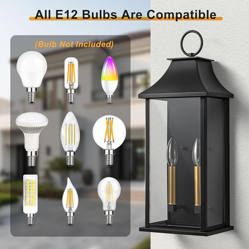 Dusk to Dawn Outdoor Wall Lantern 2-Light, 20.6" Large Outside Wall Sconce, Modern Black Wall Light Fixture with Glass