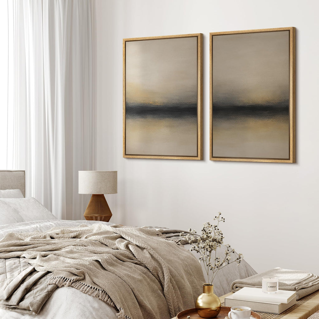 Framed Canvas Print Wall Art Abstract Sunset Horizon Modern Minimalist Beige and Black Illustrations Modern Art