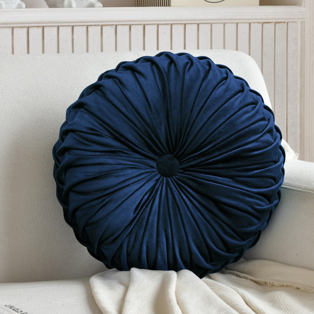 Round Throw Pillow Velvet Pleated Round Pillows Cushion Navy Blue