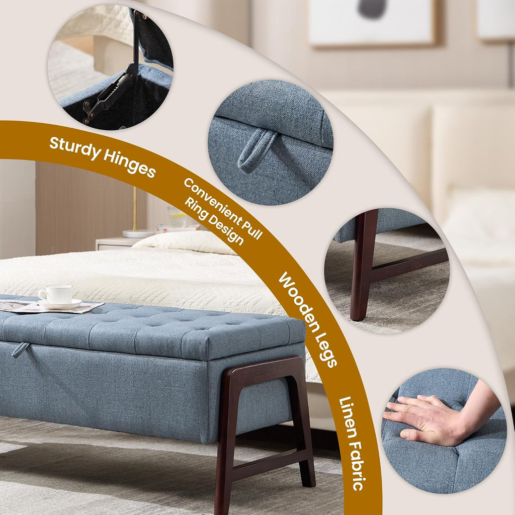 48" Storage Bench, End of Bed Bench with Button-Tufted, Upholstered Storage Ottoman Bench with Wooden Legs, Fabric