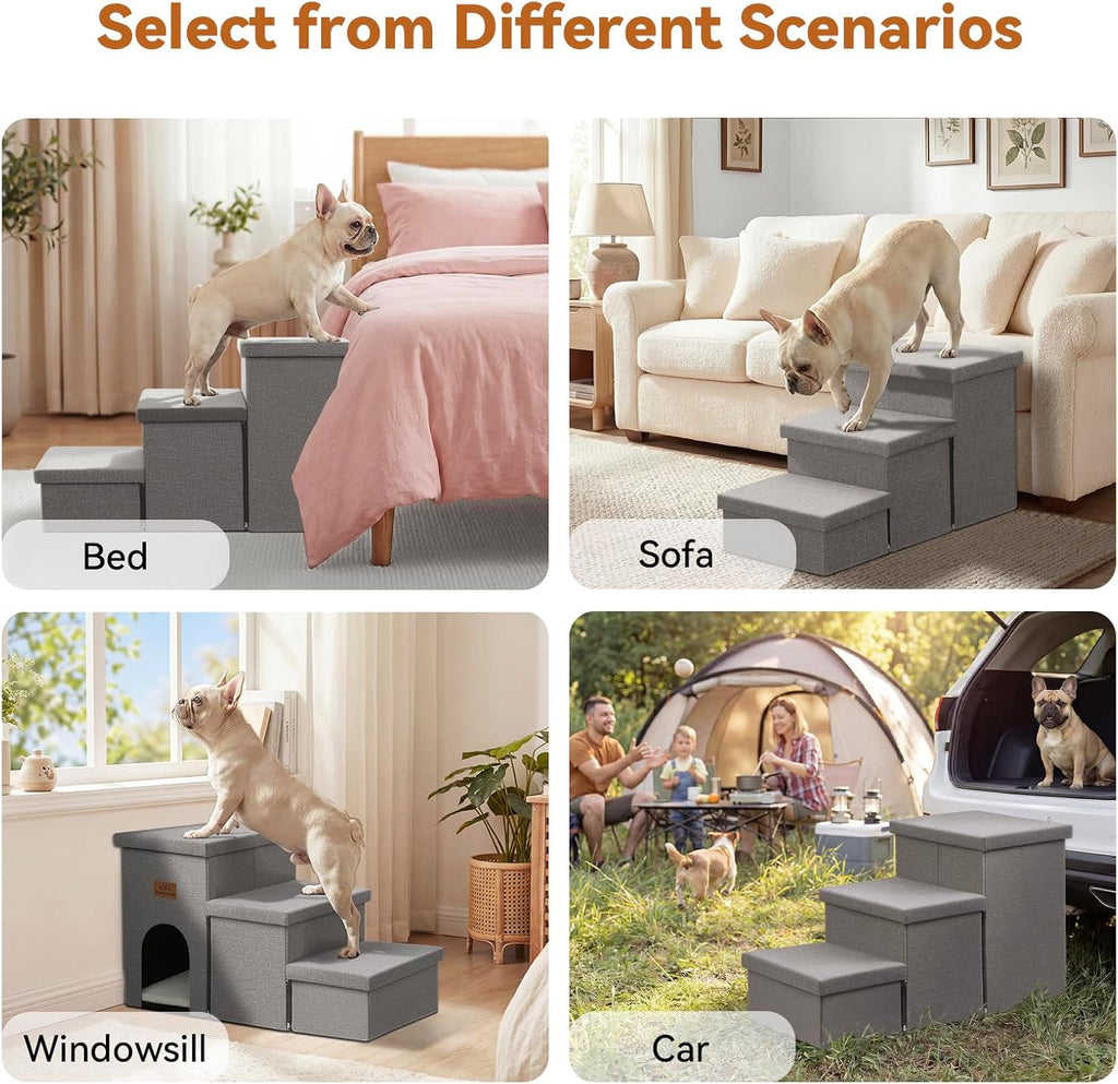 Dog Stairs with Storage, Grey 3 Steps Dog Ramp with Condo for Bed