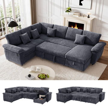 Sectional Sleeper Sofa, Fluffy Soft Corduroy Couch with Pull Out Bed and Storage Chaise, Modern Comfy U Shaped Couch