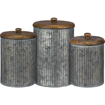 Rustic Style Canisters, Set of 3, Galvanized Metal and Wood