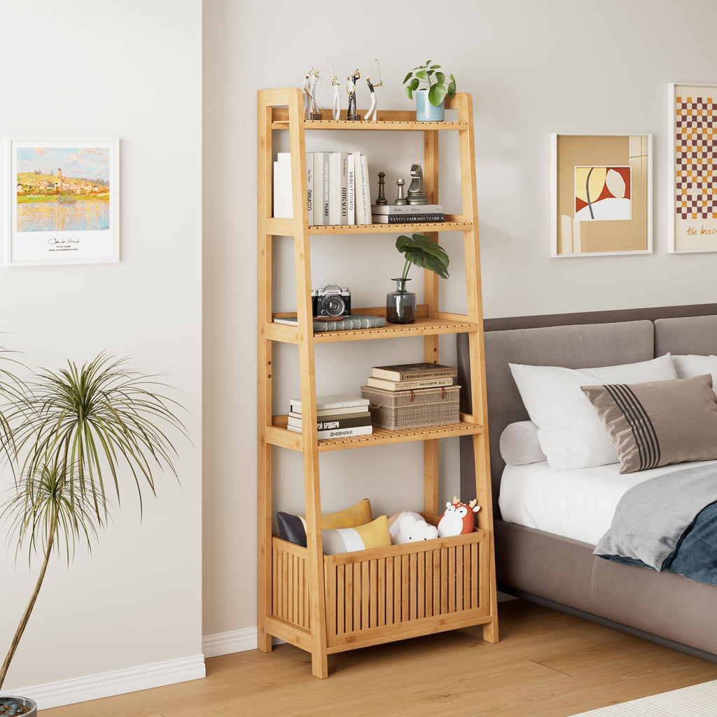 Bamboo Ladder Shelf, Bookshelf with 4 Display Shelves and 1 Open Storage Basket, Multifunctional Storage Rack