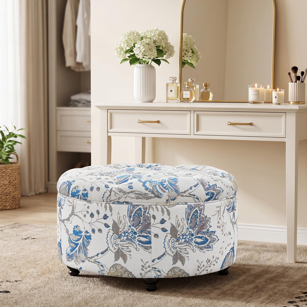 30" Round Storage Ottoman, Button Tufted Coffee Table