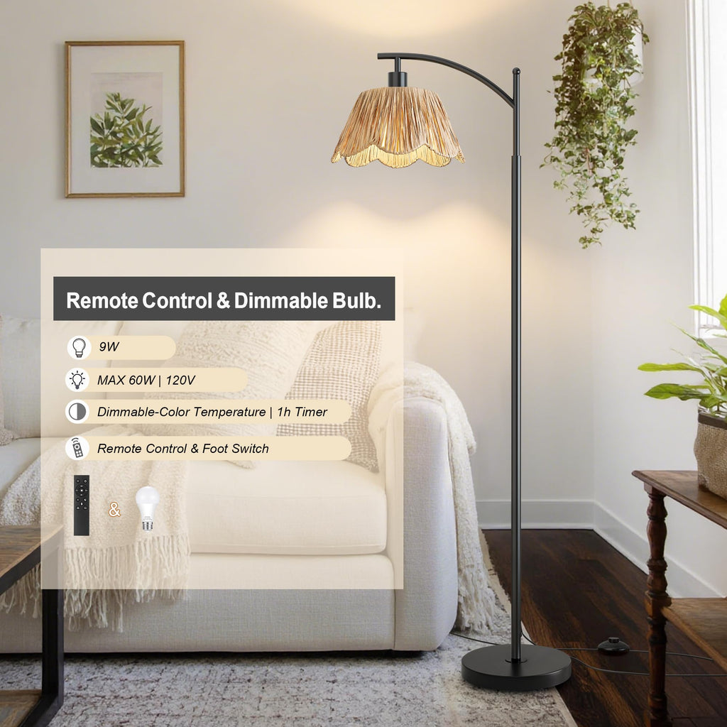 Arc Floor Lamp with 3 Color Temperatures, Rattan Boho Floor Lamp with Hand-Woven Wicker Shade, Farmhouse Floor Lamps