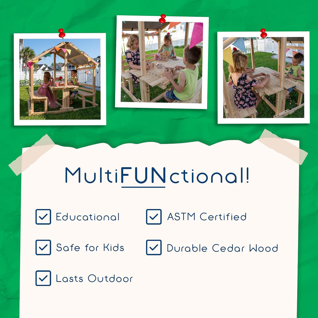 Playhouse - Kids Klubhouse Wooden Playhouse with Table & Benches - Multifunctional Toy for Fun Play & Learning