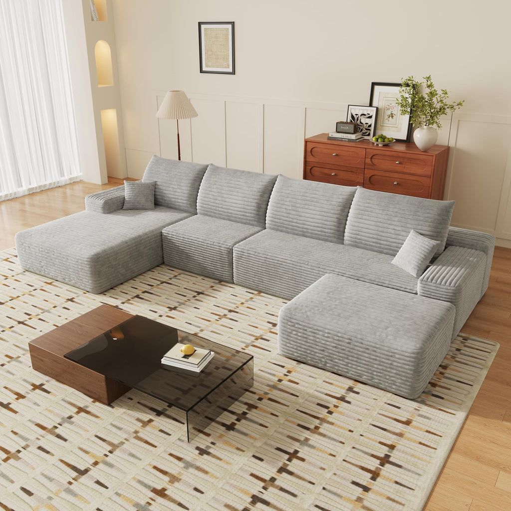 135" U Shaped Sectional Couch with Ottoman, Large Sectional Couches, Plush Corduroy Convertible Sleeper Sofa