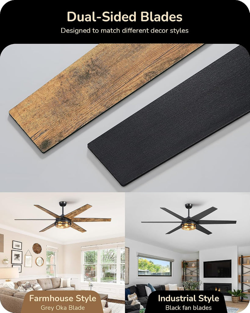 70" Large Farmhouse Ceiling Fans with Lights and Remote,10%-100% Dimmable, Wood Blades