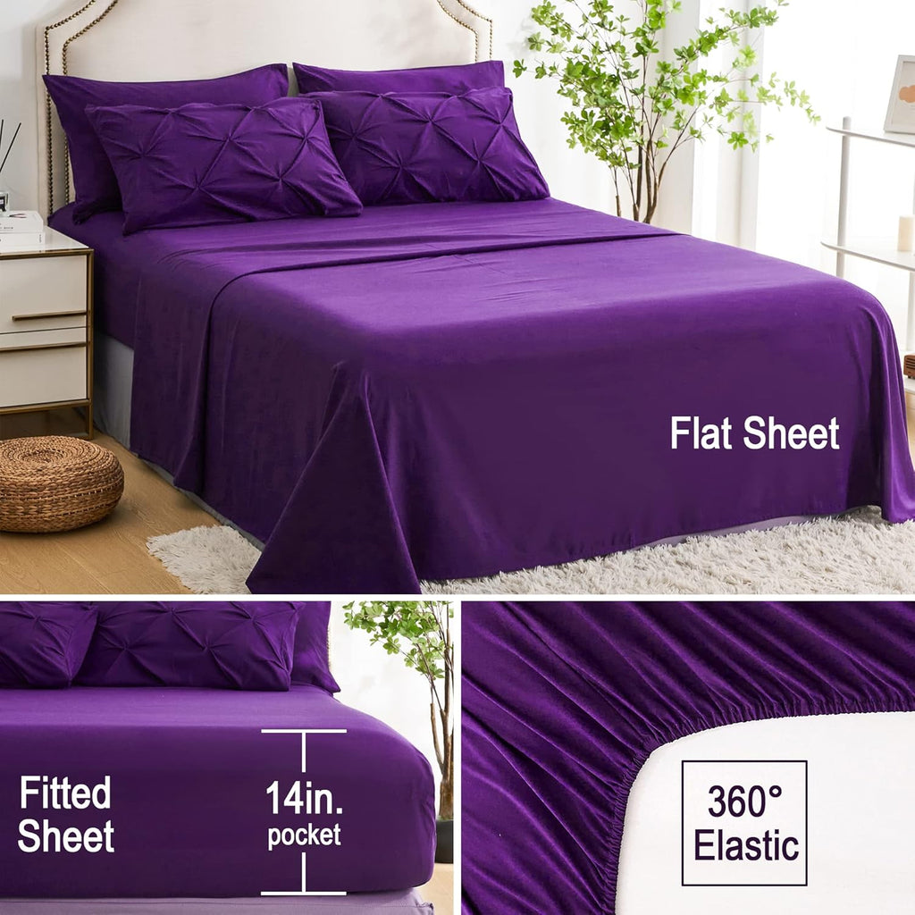 7pc Purple Comforter Set Queen with Sheets, Pintuck 7 Piece Bedding Comforters Bed in a Bag for All Season
