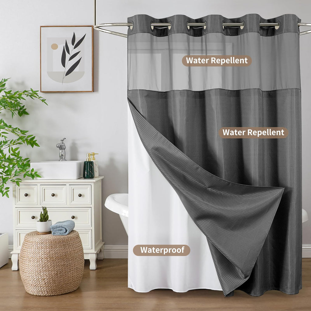 Charcoal Grey No Hook Waffle Shower Curtain Set, 72 x 75 Inch