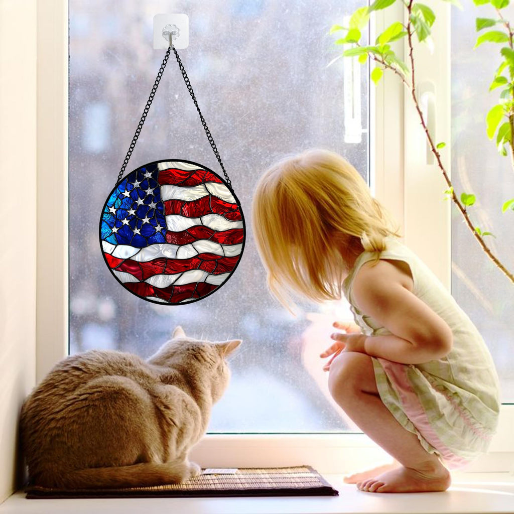 US National Flag Pattern Stained Glass Window Hanging Suncatcher Gifts 6.3"