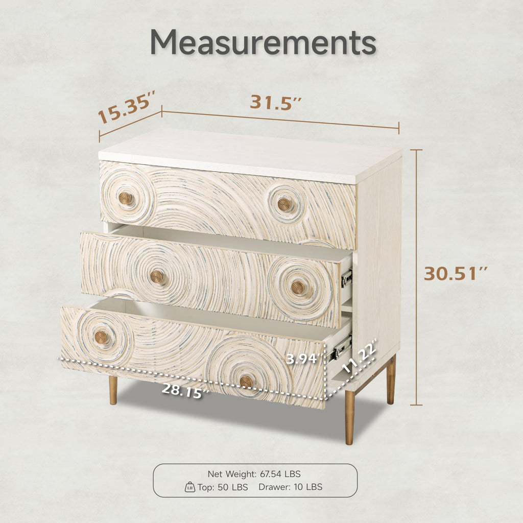 Boho Embossed 3 Drawer Dresser with Ring Motif, White and Gold