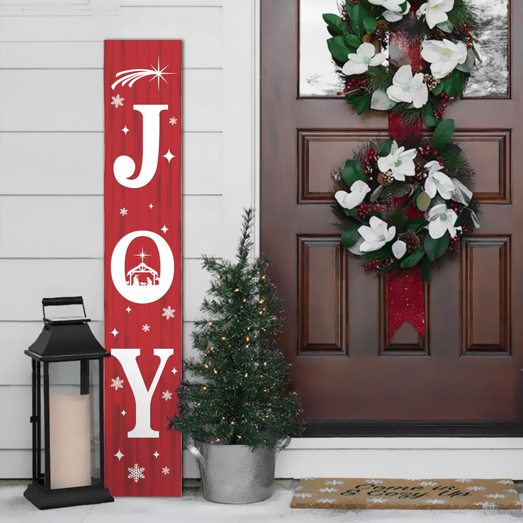 47 Inch Christmas Porch Sign, Large Vertical JOY Wooden Welcome Sign with Snowflakes, 3-Panel Farmhouse Front Door