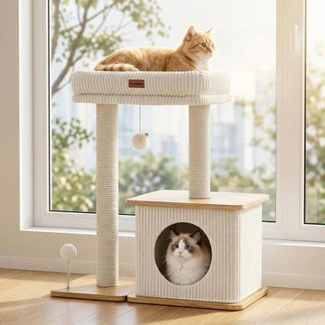 29" Small Cat Tree, Boho Wood Cat Tower with Sisal Scratching Post