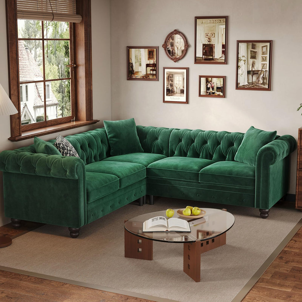 Velvet Chesterfield Sofa, L-Shaped Sectional Sofa with Tufted Back