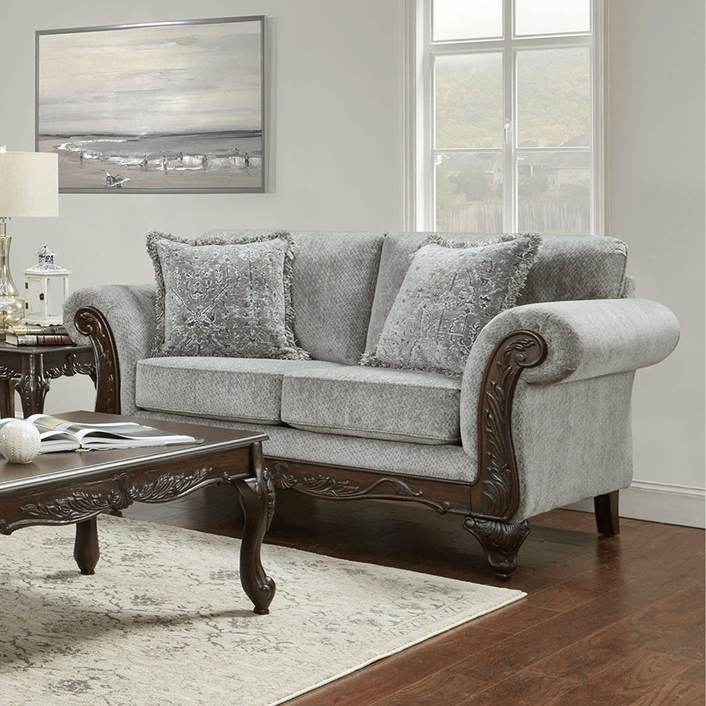 Hernen Carved Wood Frame Loveseat, Gray
