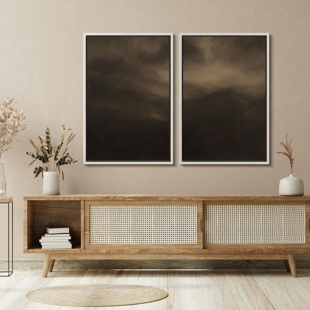 Framed Canvas Print Wall Art Set Moody Misty Landscape Soft Brown and Gray Hues Illustration Modern Art Decorative