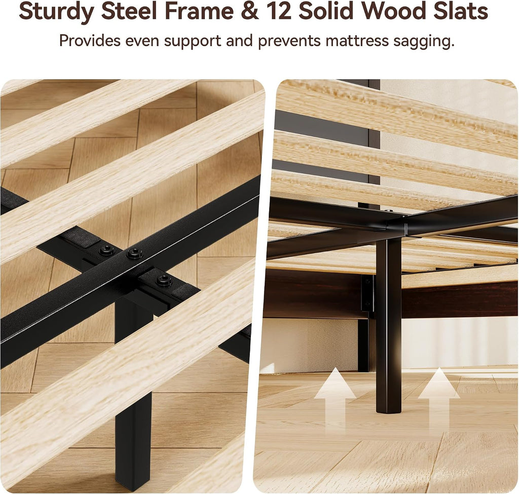 Wood Queen Bed Frame, Platform Bed with Tall Headboard, Solid Wood Slat Support, Noise-Free Mattress Foundation, No