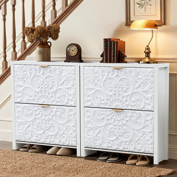 Shoe Cabinet Set of 2, 2-Tier Flip-Drawer Storage (White, 2)