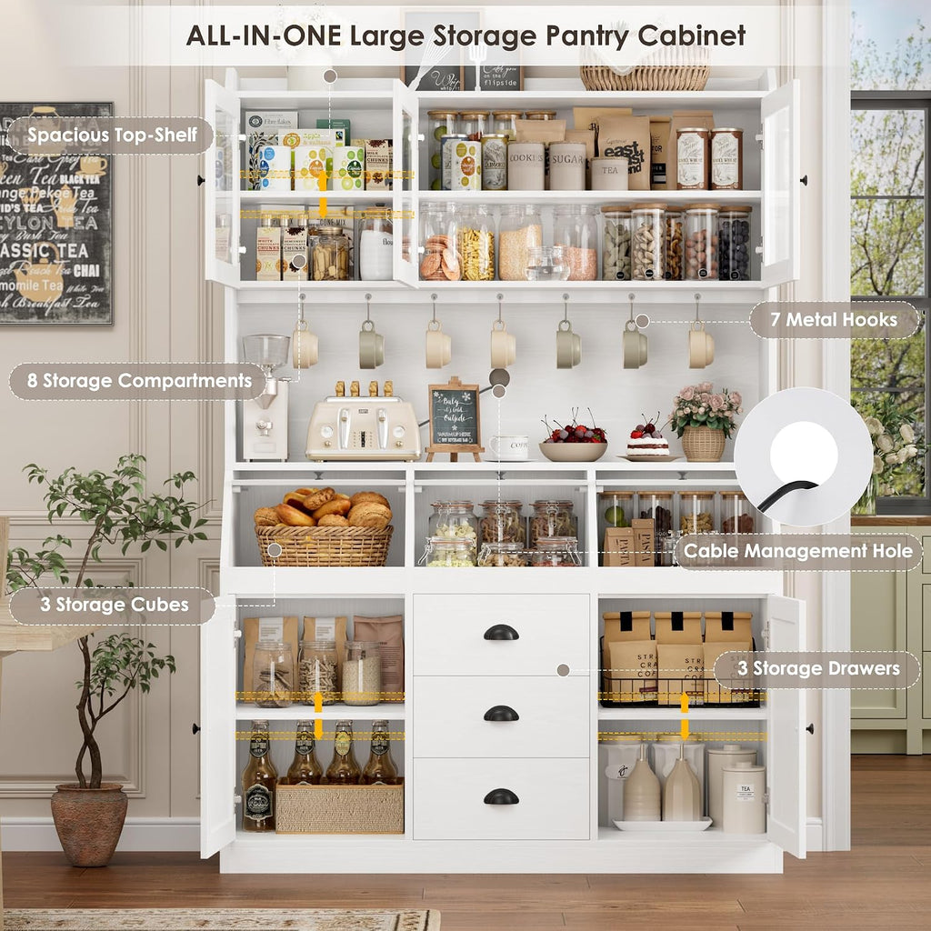 71.4" H Kitchen Hutch Pantry Cabinet with 3 Bread Boxes&7 Metal Hooks | Farmhouse Kitchen Hutch Cabinet with Storage