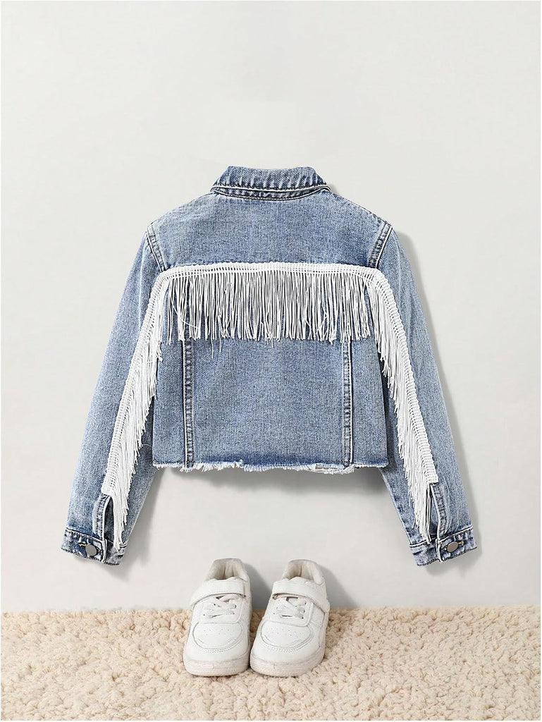 Girl's Fringe Denim Cropped Jackets Raw Trim Jean Jacket