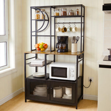 Bakers Rack with Power Outlet and Storage, Kitchen Bakers Rack with Cabinet & 10 Hooks, Coffee Bar Cabinet, Microwave